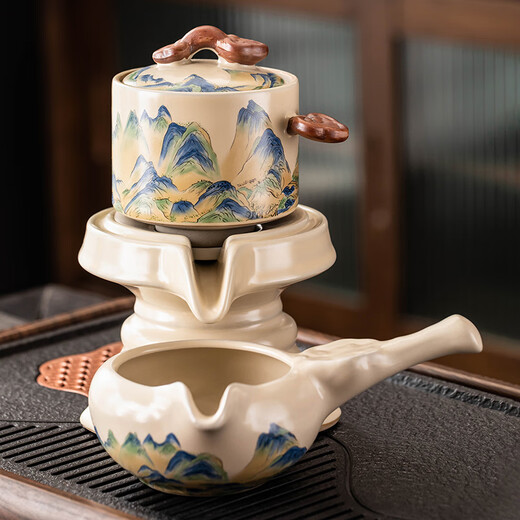 Porcelain brand tea set Ru Kiln automatic tea set household Chinese style simple open piece ceramic stone grinding Kung Fu tea set high-end gift box Beige Ru Kiln <Dahao Heshan> automatic tea set