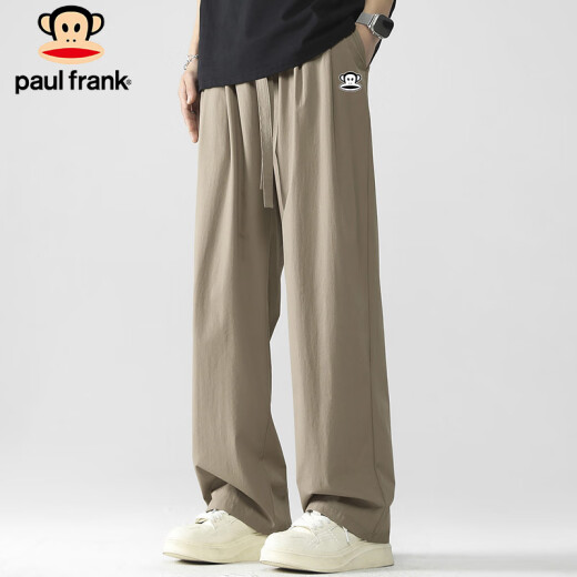 大嘴猴（paul frank）冰丝裤子男士宽松休闲裤男夏季百搭运动垂感阔腿男裤 卡其色 XL 