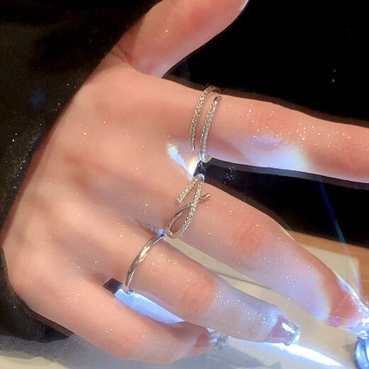 Hua Youxin Persimmon Silver Double Layer Open Ring Women's Niche Design Zircon Ring Index Finger Ring Women's Fashion Personalized Tail Ring Silver Cross Line-Open Ring