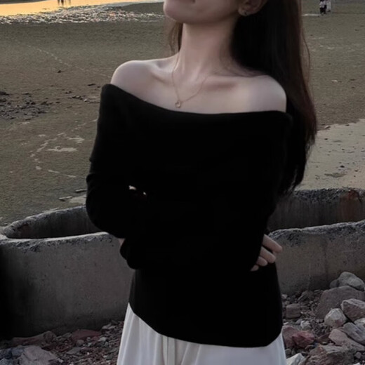 Nanmu Xiong Sweater Women's Spring and Autumn Thin One-shoulder Knitted Sweater Top Off-Shoulder Temperament Sweet Niche Exposed Collarbone Bottoming Shirt Black One Size 80-120Jin Jin is equal to 0.5 kg