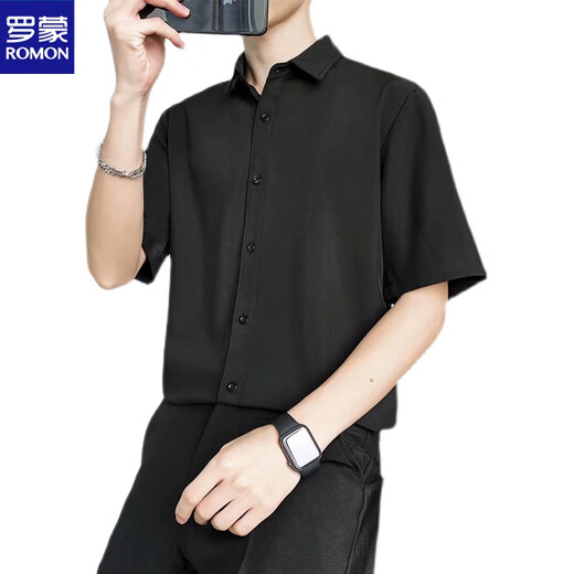 罗蒙（ROMON）白衬衫男短袖休闲毕业照衬衣西裤套装面试正装韩版商务职业大学生 白色衬衫+黑色九分西裤 2XL 140-155斤左右