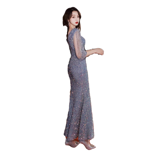 
Zhufan High-end Annual Meeting Female Host Dress Fishtail Evening Skirt Female Light Luxury Niche Sequin Blue Banquet Temperament Haze Blue/L