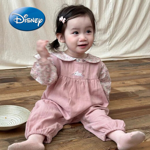Disney baby suit spring and autumn style sweet floral doll collar shirt embroidered overalls two-piece autumn baby clothes pink rabbit shirt ten overalls two-piece 90 (22-26Jin[Jin equals 0.5 kg])