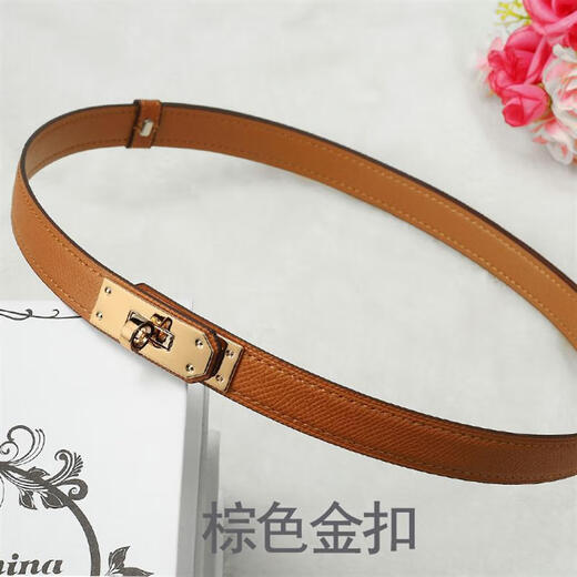 Yunfan H Home Kelly Real Leather Thin Belt Women's Lock Kelly Coat Summer Decoration avec jupe taille 13780 Classic Black Gold Buckle