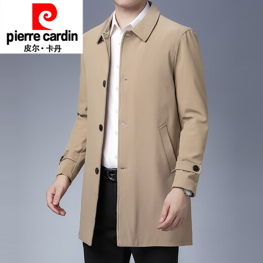 Pierre Cardin Business Windbreaker Men's 2026 Spring and Autumn Casual Men's Windbreaker Non-ironing Processed Mid-Length Fashion Coat Jacket Khaki XL