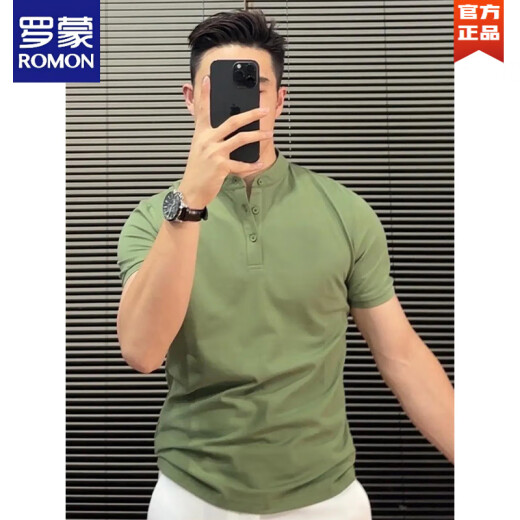 罗蒙（ROMON）商务亨利POLO.衫半袖男士夏季高质量痞帅风健身收袖口正肩短袖T恤 蓝色 L