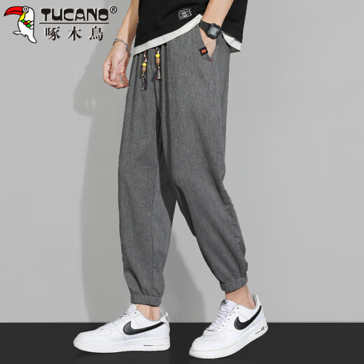 啄木鸟（TUCANO）裤子男春夏季休闲裤男棉麻宽松系带束脚裤男 深灰 XL