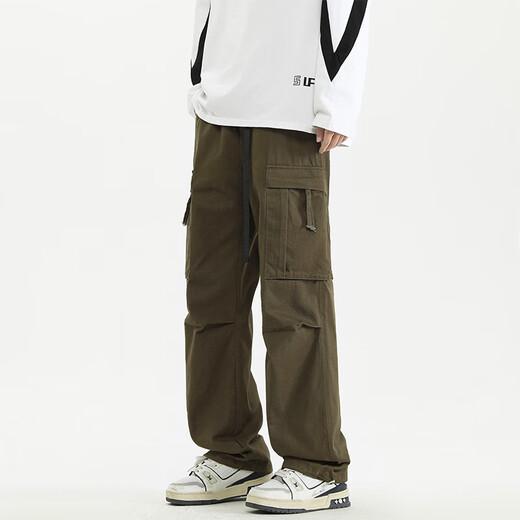 CLOR pure cotton overalls men's autumn and winter sports loose straight pants trendy versatile casual pants CL34 military green XL