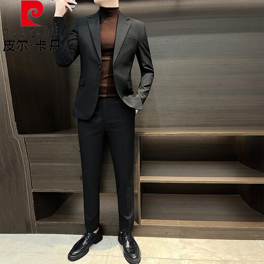 Pierre Cardin Striped Suit Jacket Men's Spring and Autumn 2025 New Style Business Formal Wear, Handsome Casual Suit, Brown Single Dress 2XL Recommended 150Jin Jin is equal to within 0.5kg
