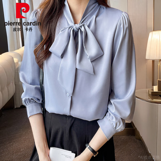 皮尔卡丹（pierre cardin）杭州真丝衬衫女长袖春装新款法式蝴蝶结衬衣感抗皱桑蚕丝上衣 蓝色9276款 S :80-95斤