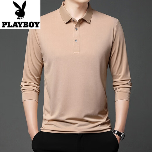 花花公子（PLAYBOY）男士长袖t恤冰丝光棉翻领薄款2025春秋季新款中年爸爸装纯色T恤 F15816黑色 175/115/52135-155斤 XL