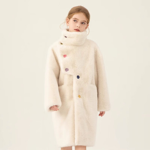 
Yuanyouling Light Luxury Fur Coat 2024 Autumn and Winter Girl Imitation Minky Fur Little Girl Fur Coat Medium-length Off-white Rainbow Button Minky Sweater 120