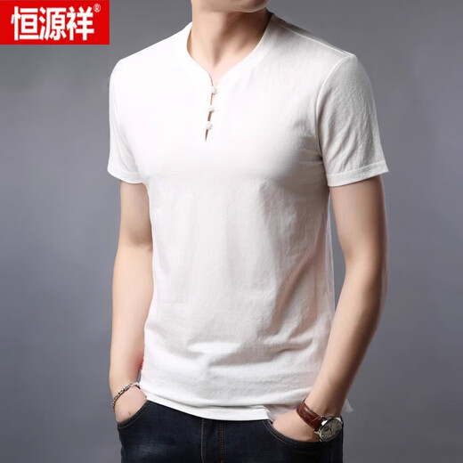 恒源祥夏季冰丝t恤男短袖中年半袖薄款V领真 丝体恤男中国风男装 浅灰色9193/N L 175/92A