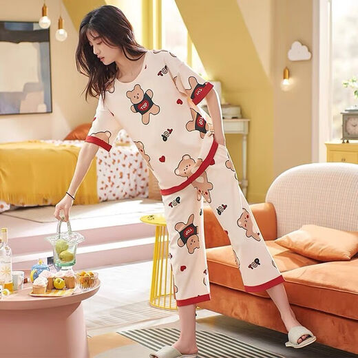 MU Fengqing Polyester Baumwollpyjama für Frauen im Sommer kurzärmeligte Hosenanzuganzug LOSSER FRÜHUNG UND SOMMER KLEINEN KLEINEN KLEINEN KLEINEN. Kurzärärmelte geschnittene Hosenanzug 702 besticktes rotes 3xl 134-152jin [Jin entspricht 0,5 kg]