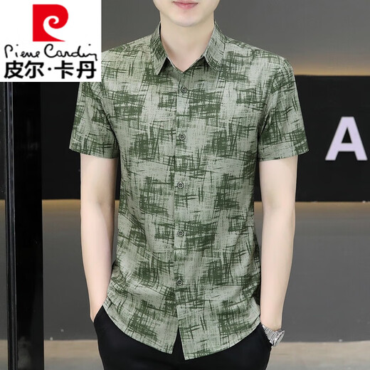 Pierre Cardin Men's Ice Silk Shirt Shirt Summer Design d'été et une chemise mince imprimée à la mode Men de la tendance pour hommes JTL7027 Green 2xl 140-155Jin [Jin est égal à 0,5 kg]