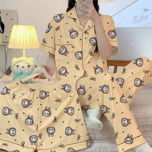 JIACAO 2025 NEUER LABUBU-Cartoon süßer Pyjamas für Frauen im Frühling und Sommer kurzärmelige Hose dreiteiliger Set für Heimkleidung außerhalb von 14132# Doppel-Länge-Spitzen-Tuch-Tuchs-Set XL 110-130jin [Jin gleich 0,5 kg]