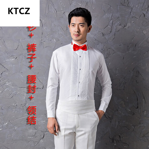 KTCZ男士演出礼服法式衬衫套装舞台大合唱男长袖白色领结衬衣伴郎男 演出专用黑衬衫+领结 43