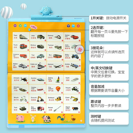 Duoduozi Enfants chinois et anglais Point Lire l'éducation précoce L'illumination des Lumières audio accroche Livre littératie Rechargeable Machine d'apprentissage Toys 43 faces Livre suspendu avec clip et pinceau de câble de données +
