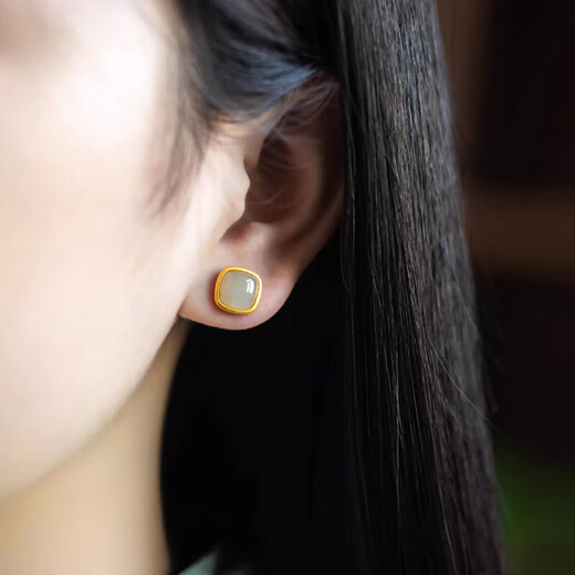 Jianlu Hotan White Jade Silver Earrings Women's Temperament High-end Earrings Simple Mother's Birthday New Year's Gift for Mom