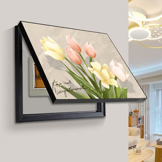 Distribution box decorative painting blocking cream style peony flower restaurant dining room meter box box power main switch hanging painting B style cream peony gold frame 70X50 accommodates 62*42 flip-up model aluminum alloy frame