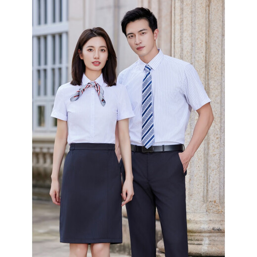 
Zimeiqiao People's Bank of China Business Clothing Shirt Workwear Men and Women Spring and Autumn New Striped Long Short Sleeve Shirt Set Customized 698 Short Sleeve Shirt Women S