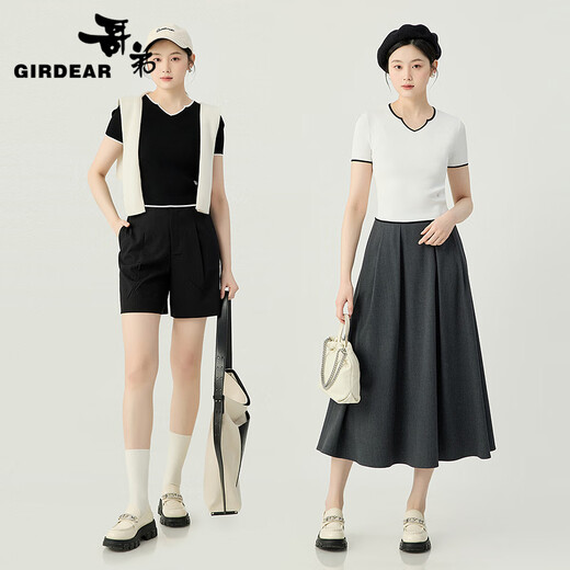 GIRDEAR women's clothing 2025 spring and summer new style fine pit strip contrasting color peach heart collar short sleeve ice silk sweater women 138005 black L (4 sizes)