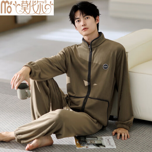 Modal Herren Pyjamas Herren Winter Island Velvet plus Samt verdickte Herbst- und Winter-große kühle Hauskleidung für Winter LJF: 9731 Grau English Icon Island Velvet Open L [kein Haarausfall/No Fading]