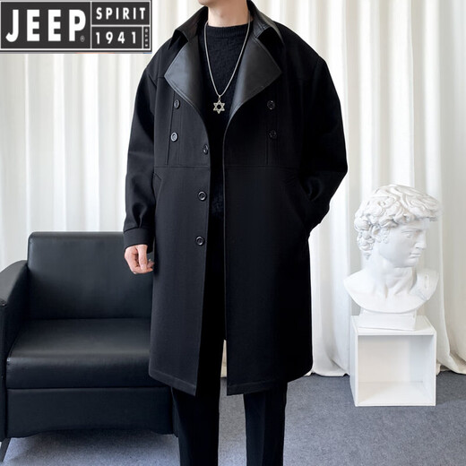 JEEP SPIRIT windbreaker men's mid-length coat 2025 new spring and autumn high-end woolen coat trendy British handsome men's clothing black 2XL