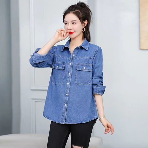 Lan Junqi Frühjahr und Herbst neues Jeanshemd für Damen, große Größe, locker, schlank, lässig, langärmelige Hemdjacke, dünnschichtiges Oberteil, trendiges Blau XL 115-125Jin Jin entspricht 0,5 kg