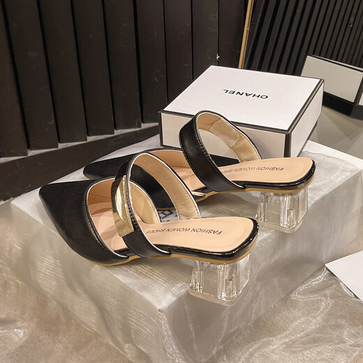 Pequeño tamaño de la bolsa de la bolsa media para mujeres en el verano Wear 2025 Nuevo temperamento francés Tacón grueso zapatillas individuales zapatillas altas tacón negro (Rongda/9923) 38