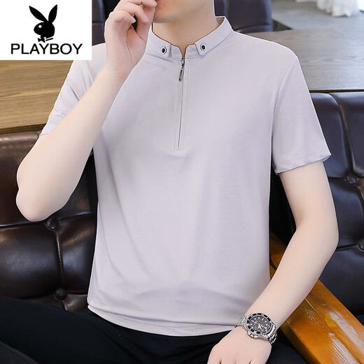 花花公子（PLAYBOY）纯色半拉链Polo保罗衫男士短袖夏季冰丝薄款立领T恤2025新款半袖 9921黑色 XL (约115~135斤可穿)