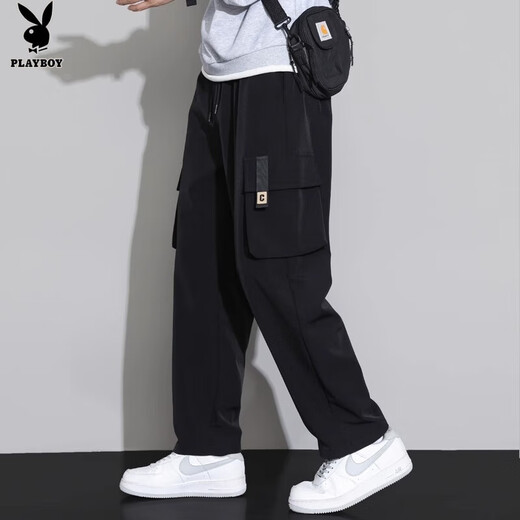 Playboy (PLAYBOY) overalls men's 2025 new summer wide-leg loose straight spring and autumn casual long pants men's 9930 black M