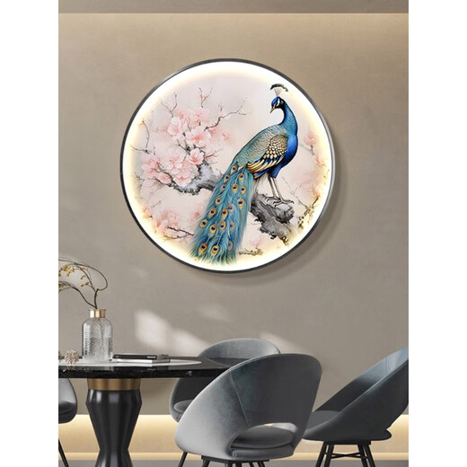 孔雀新中式发光玄关装饰画轻奢圆形入户led灯光画走廊过道壁挂画 吉祥孔雀1449 轻奢金(铝合金拉丝框)+直径50CM+遥控控制(接