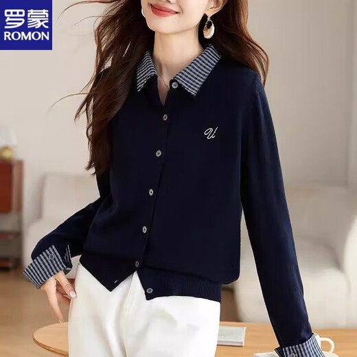 ROMON's design sense niche super nice shirt collar fake two pieces Korean style 2026 spring and autumn new fashion chic and beautiful sweater Navy version (more people choose) XL recommended 113-125Jin Jin equals 0.5 kg
