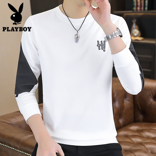 花花公子（PLAYBOY）2025新款圆领卫衣男春秋打底内搭休闲外穿长袖体恤百搭男装上衣潮 FS-9905 白色【春秋款】 L (110-125斤)