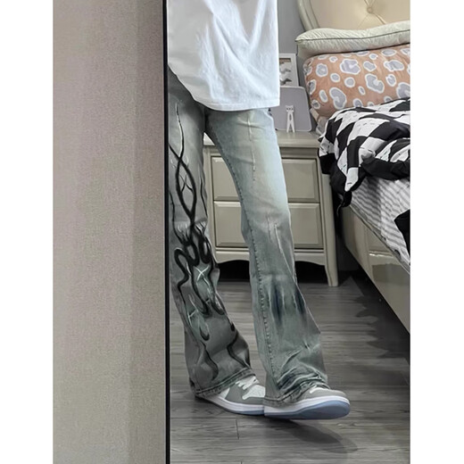 7家优品美式高街水洗做旧牛仔裤男火焰印花设计款直筒修身vibe微喇裤子潮 DDD-689#黄泥色 M