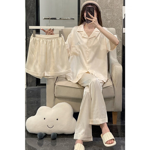 猫人睡衣女夏季三件冰丝短袖薄款大码风春秋绸米色家居服 LT-3881-3-杏 M