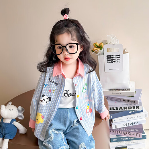 Qiyuxin children's clothing girls striped shirt spring and autumn children's shirt 2025 new little girl baby casual jacket top blue 90 (suitable for height 80-90cm)