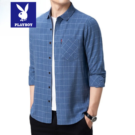 Playboy Pure Cotton High Elastic Longärmedise Hemd Herren Frühling und Herbst mittleren Alters und ältere Männer kariertes loses große Baumwollhemd 6626 Graues dünner Stil L 170/Vorgeschlagen 115-135jin [Jin gleich 0,5 kg]