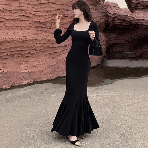 Junyao black fishtail skirt dress women's skirt autumn new high-end hip-hugging skirt French evening dress tight pure lust Bu Bu Shenglian long-sleeved slim fishtail skirt S Recommended 110Jin Jin is equal to within 0.5 kg