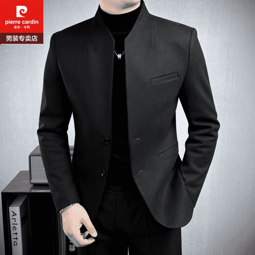 Pierre Cardin improved tunic men's suit spring and autumn new casual woolen stand collar Chinese casual suit men's black 2XL