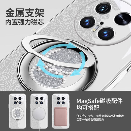 美十美分（MSMF）珍珠蛇华为手机壳带磁吸旋转支架一体支点壳指环扣可MagSafe无线充蛇年限定轻奢适用于男女款外壳 【星河银】珍珠蛇-ZBL3886G孔位 华为Pura70Pro