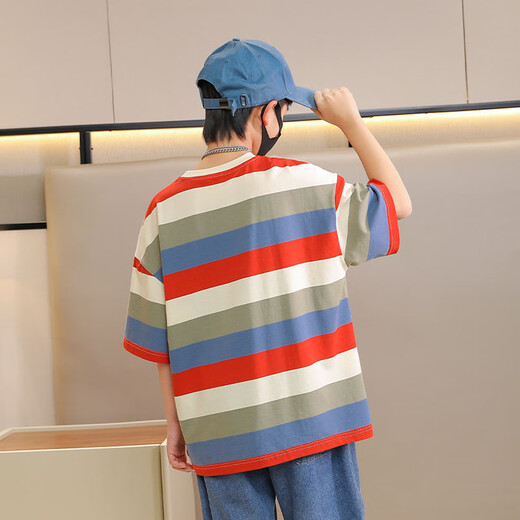 
I.KARNOW boy striped short-sleeved pure cotton t-shirt 2025 new children's summer half-sleeved street loose big children's summer top [two pieces more discount] 9895 stripes + 9905 white 170