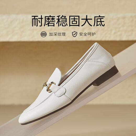 ZHR乐福鞋女春秋通勤风平底小皮鞋女软面一脚蹬单鞋女 AH653 米色 37