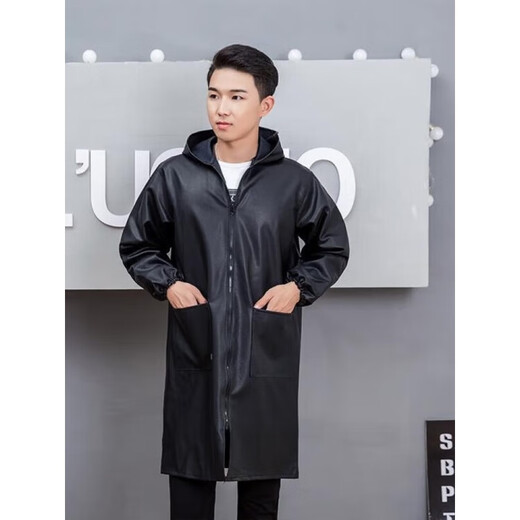 谷舰沐皮衣男宽松加长修车机修养殖屠宰工作服罩衣带帽皮革大褂防水防风 黑色连帽加长款皮衣 3XL 大号