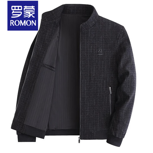 罗蒙（ROMON）夹克衫男2025春秋薄款中老年男士翻领休闲修身外套大码爸爸装上衣 N9893黑灰 M 170 【90-115体重】