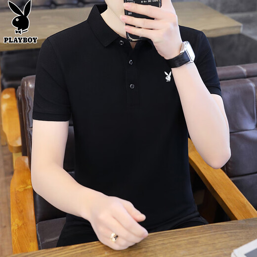 Playboy (PLAYBOY) T-shirt men's short-sleeved summer men's polo shirt lapel business casual top high-end men's clothing black XL