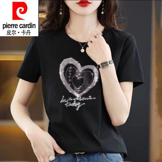 皮尔卡丹（pierre cardin）纯棉短袖t恤女大1码夏装新款时尚烫钻圆领半袖上衣黑色镶钻打底衫 圆领-连环爱心钻-黑色短袖 3524 M 适合80-90斤