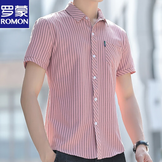 Romon striped shirt men's short-sleeved trendy casual shirt summer men's half-sleeved slim pocket breathable inch shirt 838 yellow XL weight 135 Jin [Jin equals 0.5 kg]