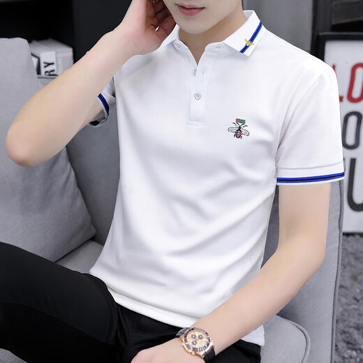 Aexmere Perlenboden Baumwolle Paul bestickte Polo-Hemd Herren schlanker Kurzarm T-Shirt T-Shirt Sommer Revers Top S5012 Weiß M.